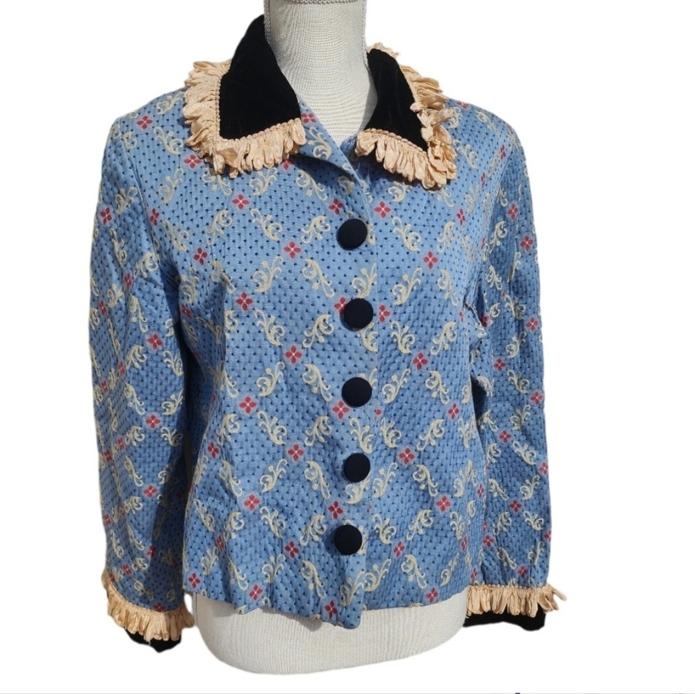 Lilly Hill Vintage 90s Jacket Large Blue Boho Festival Fringe Velvet Whimsical